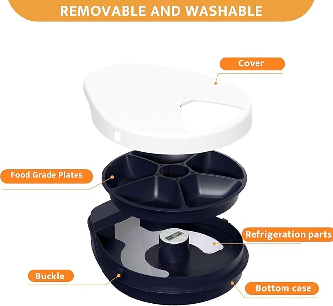 UBPET Cat Wet Food Automatic Feeder with Cooling, Semiconductor Refrigeration, with Timer, 5 Food Compartments for 330g Pet Food Each, Premium Meal Plates, Washable, for Cats