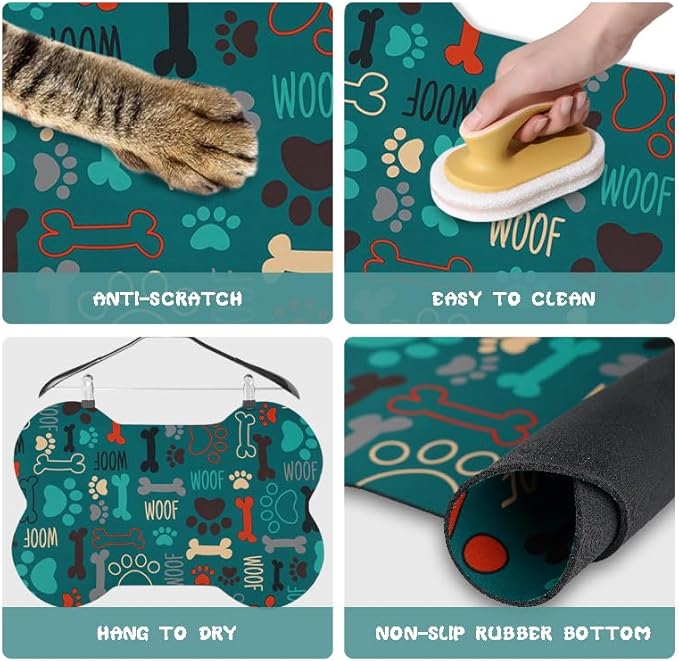 Dog Food Mats for Floors Waterproof, Pet Feeding Absorbent Water Bowl Mat Cat Placemats Green Bone Shape 25.5 * 17 inch