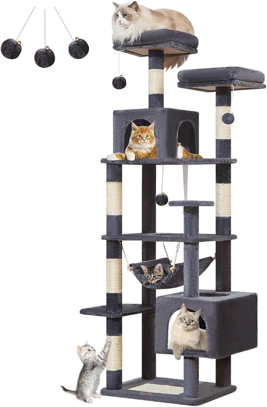 Taoqimiao Cat Tree, 68-Inch Cat Tree Cat Tower for Indoor Cats, Plush Multi-Level Cat Condo with 6 Scratching Posts, 2 Perches, 2 Caves,Hammock, 3 Pompoms,MS020SG Smoky Gray