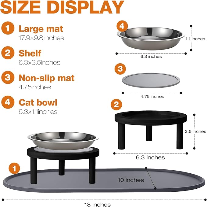 Elevated Cat Bowls with Food Mat,6.3 Inches Shallow Raised Bowls Whisker Friendly,2 Stainless Steel Cat Food and Water Dishes for Cats and Puppies,Dishwasher Safe(Black)