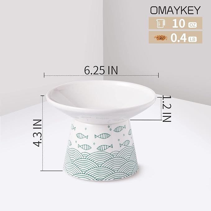 OMAYKEY 6.25 Inch Extra Wide Ceramic Raised Cat Bowls, Upgraded Elevated Porcelain Cat Food Water Bowl Dish, Stress Free Pet Feeder Bowls Dishes for Elder Big Cats & Small Dogs, Green & Orange