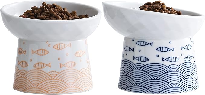 OMAYKEY Ceramic Raised Cat Bowls, Elevated Tilted Cat Food and Water Bowls Set, Porcelain Stress Free Pet Feeder Dish for Cats and Small Dogs, Dishwasher and Microwave Safe, Set of 2