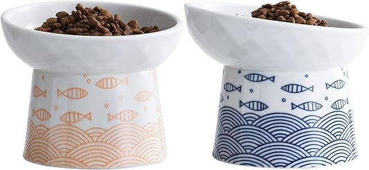 OMAYKEY Ceramic Raised Cat Bowls, Elevated Tilted Cat Food and Water Bowls Set, Porcelain Stress Free Pet Feeder Dish for Cats and Small Dogs, Dishwasher and Microwave Safe, Set of 2