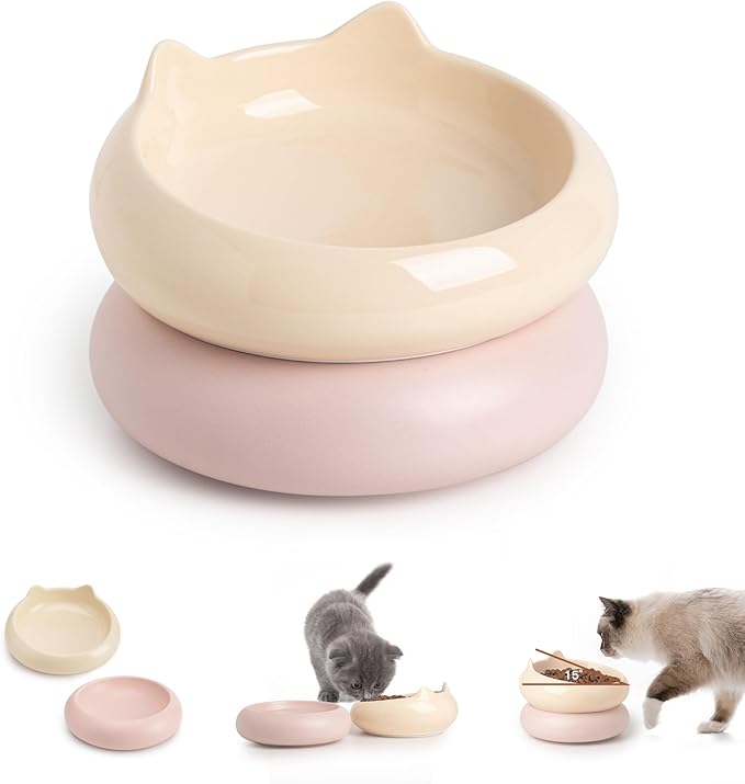 Cat Bowl, Ceramic Cat Bowls Food and Water Bowl Set, Whisker Friendly Cute Kitten Food Bowls for Protecting Pet's Spine, Yellow & Pink