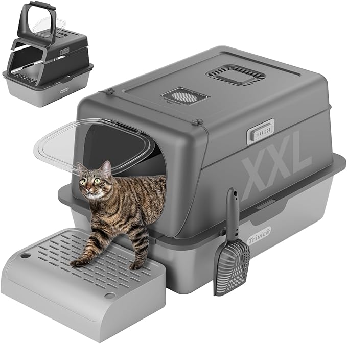 XX-Large Stainless Steel Cat Litter Box with Lid – Fully Enclosed Large Litter Box for Big Cats, Odor Control with Magnetic Door, Easy Clean, Multi-Cat Durable Metal Pan.(Grey)
