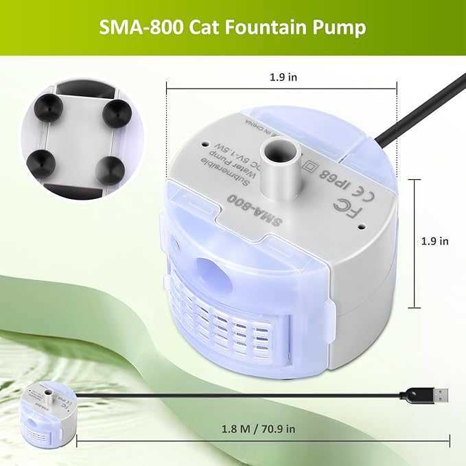 Cat Water Fountain Pump, DR-DC Replacement Pump for Stainless Steel Pet Water Dispenser, Ultra Quiet Pet Fountain Pump, IP68 SMA-800 Submersible Motor for Dog Drinking Fountain