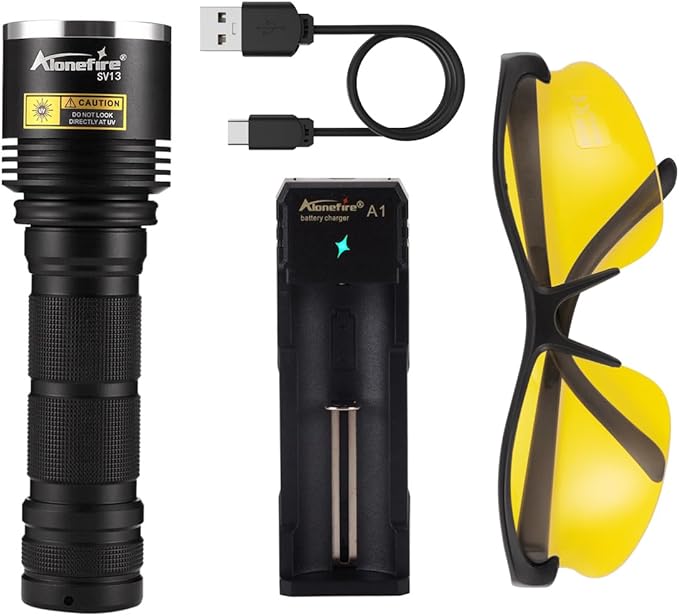 ALONEFIRE SV13 15W 365nm UV Flashlight Rechargeable Ultraviolet Woods Lamp Powerful Black Light for Pet Urine Detector, Resin, Bed Bug, Scorpion, Fishing with UV Protective Glasses, Battery, Charger