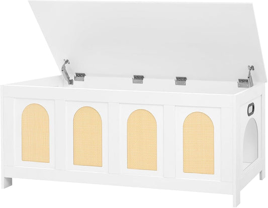 DINZI LVJ Cat Litter Box Enclosure, Flip Top Litter Box Furniture, Rattan-Like Hidden Cat Washroom, Wooden Pet House, End Side Table, 47.2" L x 18.7" W x 19.7" H, Easy to Assemble, White with Rattan