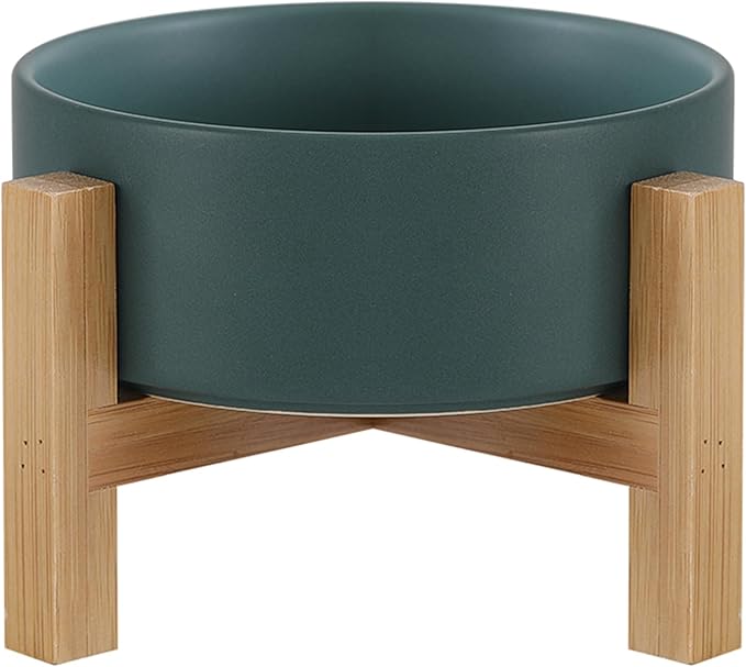Raised Ceramic Cat Bowl - Cat Food Bowl with Bamboo Stand - Elevated Dog Food Dish for Puppies - Comfort Eating - 13.5 oz - 400 ml - Green