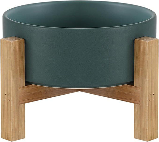Raised Ceramic Cat Bowl - Cat Food Bowl with Bamboo Stand - Elevated Dog Food Dish for Puppies - Comfort Eating - 13.5 oz - 400 ml - Green