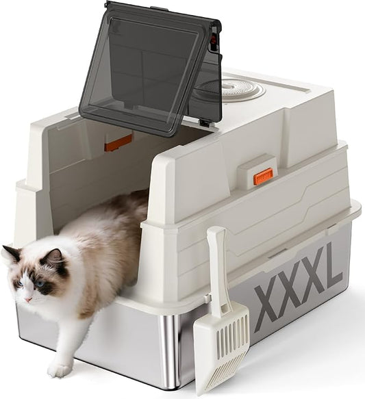 XXXL Stainless Steel Litter Box with Lid,28" L x 20.5" W x 16.5" H Extra Large Cat Litter Box Enclosure for Large and Multi-Cats Families,Non-Sticky, Anti-Leakage, Easy to Clean(White)