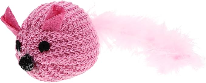 LOGOFUN Cat Toy Knitted Mouse Kitten Toy with Feather Plush Mouse Shaped Pet Interactive Accessory for Indoor Home Animal Supplies - Pink