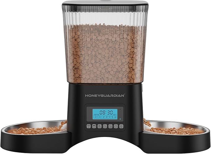HoneyGuaridan Automatic Cat Feeder for 2 Cats, Automatic Cat Food Dispenser, Timed Pet Feeder for Cats and Dogs, Desiccant Bag, Programmable Portion Control,10s Voice Recorder
