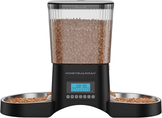 HoneyGuaridan Automatic Cat Feeder for 2 Cats, Automatic Cat Food Dispenser, Timed Pet Feeder for Cats and Dogs, Desiccant Bag, Programmable Portion Control,10s Voice Recorder