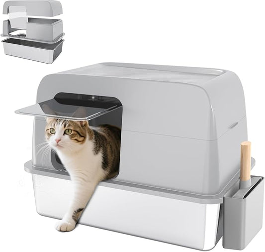 XL Stainless Steel Litter Box with Lid, Extra Large Enclosed Cat Litter Box for Big Cats, High Sided for No-Mess & Odor Control, Easy Clean Metal Pan with Scoop(Grey)