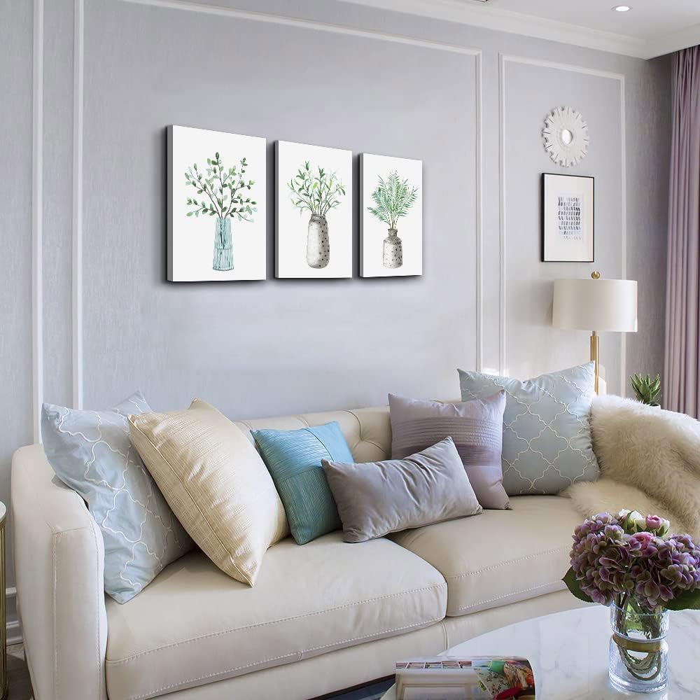 AHUASJART Canvas Wall Art - Paintings for Kitchen, Dining Room, Family Wall Decor - Green Leaf Vase, 3 Piece