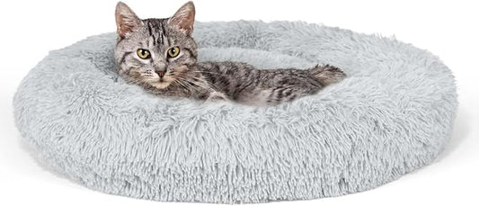 CAPHAUS 24/30 Inch Calming Donut Pet Bed for Small/Medium Cats and Dogs, Anti-Slip Bottom, Washable, Anti-Anxiety Fluffy Round Cat Bed, Indoor Shaggy Cuddler Cotton Candy Brown, Light Gray, Pink Bed
