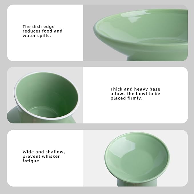 6.2 Inch Extra Wide Elevated Ceramic Cat Bowls, Food and Water Bowl Set for Elder Big Cats Small Dogs, Raised Design for Pet Easy Eating, Protect Cat's Spine Set of 4(Green)