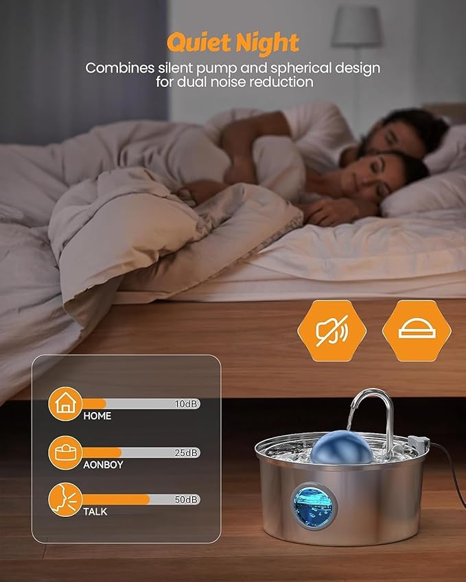 AONBOY Cat Water Fountain Stainless Steel, 108oz/3.2L Cat Fountain, Pet Water Fountain with Water Level Window, Hemispherical Shape, Multi-Filter, Silent Pump, Water Tap, Provides Flowing Water