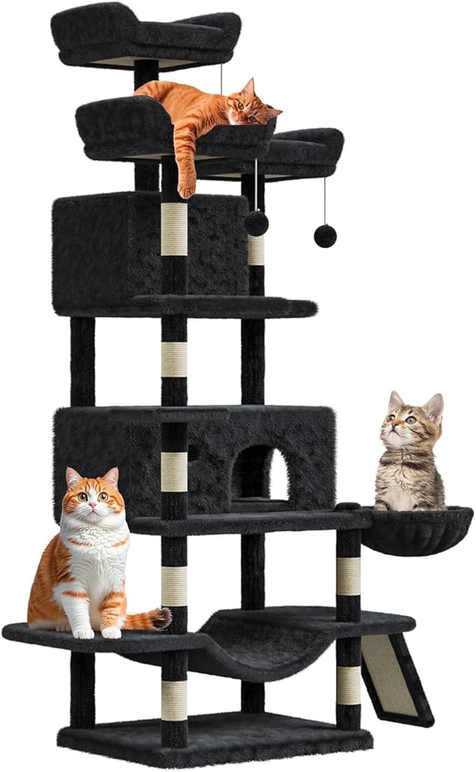 68.5 Inch Multi-Level Cat Tree, Plush Cat Tower with Condo/Sisal Scratching Posts/Hammocks/Basket/Dangling Ball/Platform, Heavy Duty Cats Tree to Play and Sleep, 2604#Dark Grey