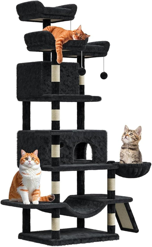68.5 Inch Multi-Level Cat Tree, Plush Cat Tower with Condo/Sisal Scratching Posts/Hammocks/Basket/Dangling Ball/Platform, Heavy Duty Cats Tree to Play and Sleep, 2604#Dark Grey