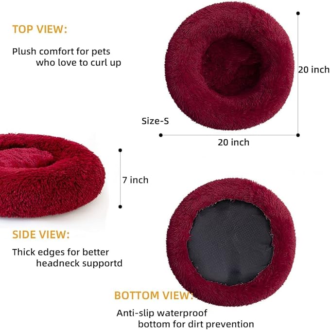 Cat Beds for Indoor Cats - Cat Bed Washable 24 inches, Dog Beds for Small Medium Dogs, Anti Anxiety Round Fluffy Plush Faux Fur Cat Bed, Thick Bottom (Red, Large 24" L x 24" W)