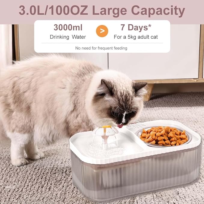 Marchul Cat Water Fountain and Stainless Steel Food Bowl, 100oz/3L Super Quiet Automatic Pet Water Dispenser with Smart Pump and 3 Replacement Filters for Cats and Small Dogs, White