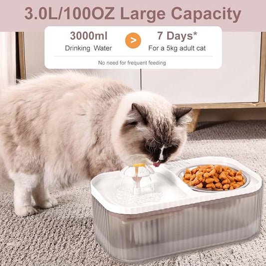 Marchul Cat Water Fountain and Stainless Steel Food Bowl, 100oz/3L Super Quiet Automatic Pet Water Dispenser with Smart Pump and 3 Replacement Filters for Cats and Small Dogs, White