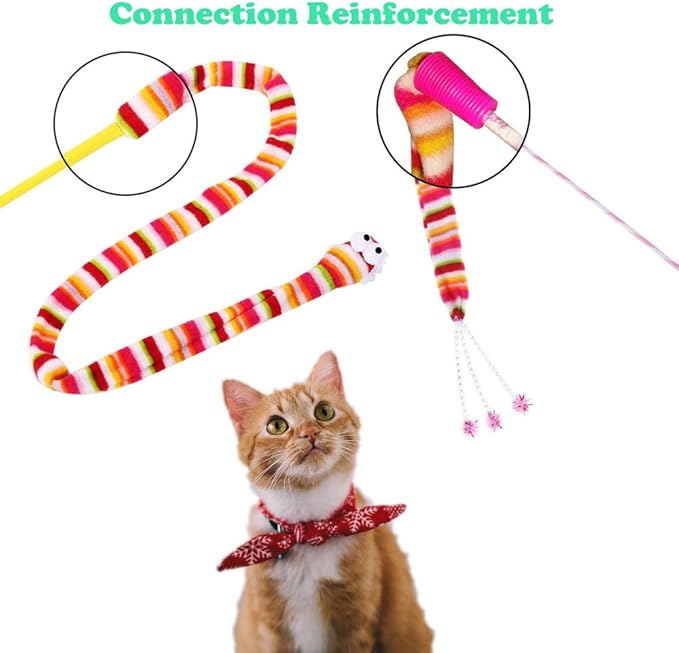 KABASI Cat Wand Rainbow Toy, 3 Styles Funny Interactive Cat Toys, Cuddly Stuffed Snake Toy on Stick with Bell, Colorful Sounding Toys, Rainbow Ribbon Wand for Kittens Training