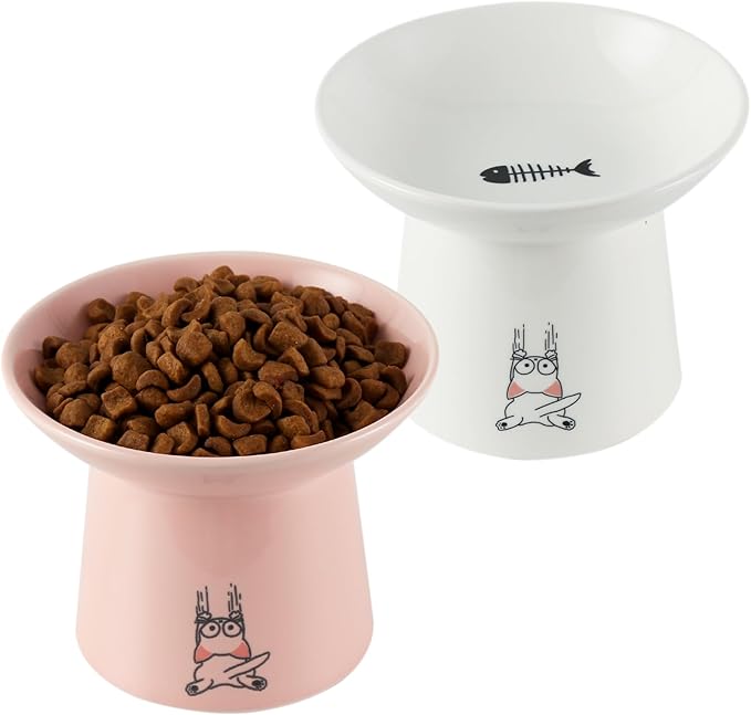 OMAYKEY 6.5 Inch Extra Wide Ceramic Raised Cat Bowls, Elevated Cat Bowl for Food and Water, Wide Shallow Cat Food Feeder Dishes, Whisker Fatigue, Protect Spine, White & Pink
