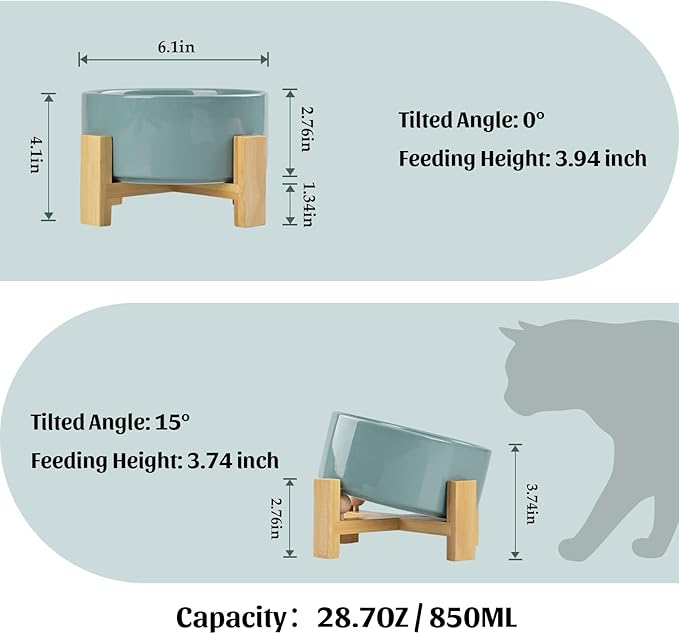 SPUNKYJUNKY 15° Slanted Ceramic Dog and Cat Bowl with Wooden Stand, Tilted Bulldog Food and Water Bowl No Slip Non-Spill for Cats Medium Dogs Big Face Pets 28.7 OZ (3.6 Cups, Light Green)