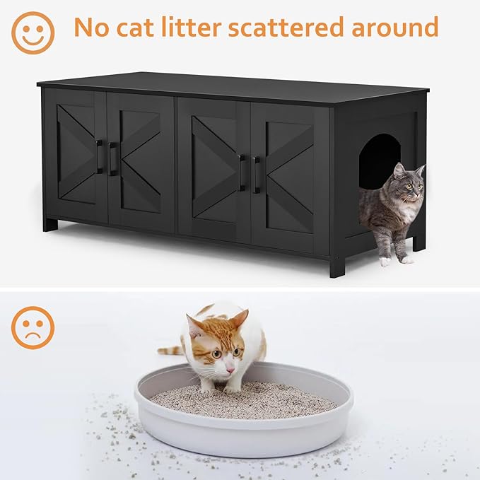 Homhedy Cat Litter Box Enclosure for 2 Cats, Litter Box Furniture Hidden with Double Room,Wooden Cat Washroom Furniture,Cat House,47.2”L x 19.7”W x 19.7”H,Black