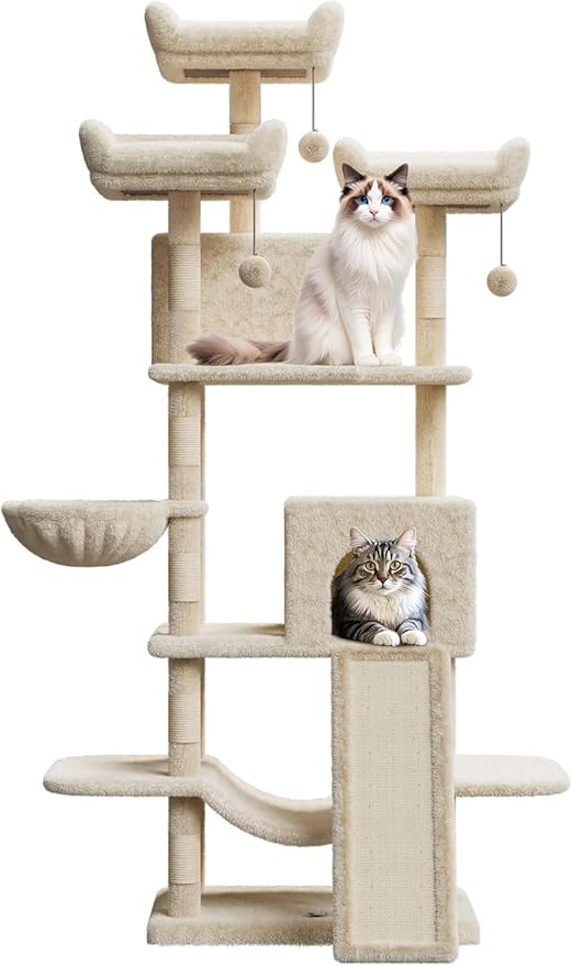 68.5 Inch Multi-Level Cat Tree, Plush Cat Tower with Condo/Sisal Scratching Posts/Hammocks/Basket/Dangling Ball/Platform, Heavy Duty Cats Tree to Play and Sleep, 2605#Beige