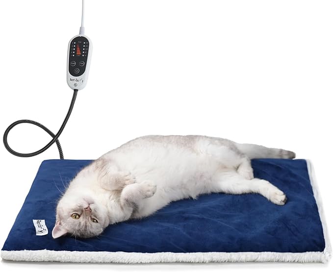 Rest-Eazzzy Heated Cat Bed with Removable Cover, 5 Level Timer & Temperature, Indoor Warming Mat for Cats & Dogs (Heat Pad, Pure-Blue, M)