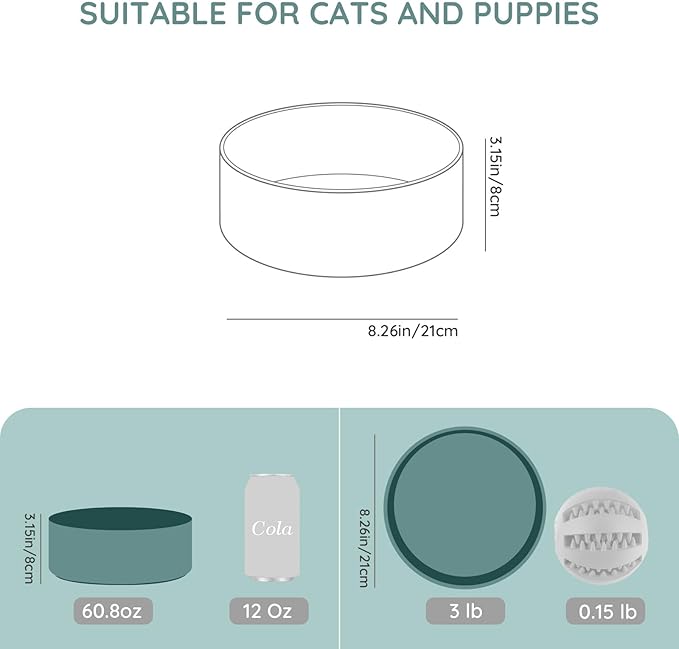 SPUNKYJUNKY 60 OZ Ceramic Dog and Cat Bowl, Modern Cute Weighted Food Water Bowl for Replacement Light Green (1 Pack)