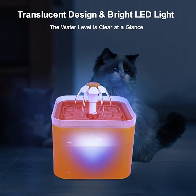 Cat Water Fountain, 67oz/2L Automatic Cat Drinking Fountain, Pet Water Dispenser with LED Light and Filter for Cats and Small Dogs (Orange)