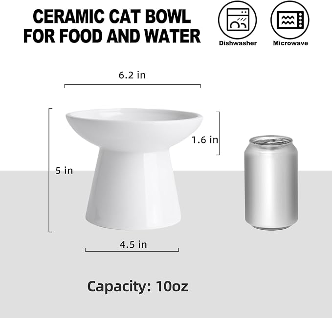 Extra Wide Elevated Cat Feeder Set, Ceramic Cat Bowl with Food & Water, Shallow Dish to Prevent Whisker Fatigue, Lead & Cadmium Free - Great Height for Adult Cats (White, 1 pc)
