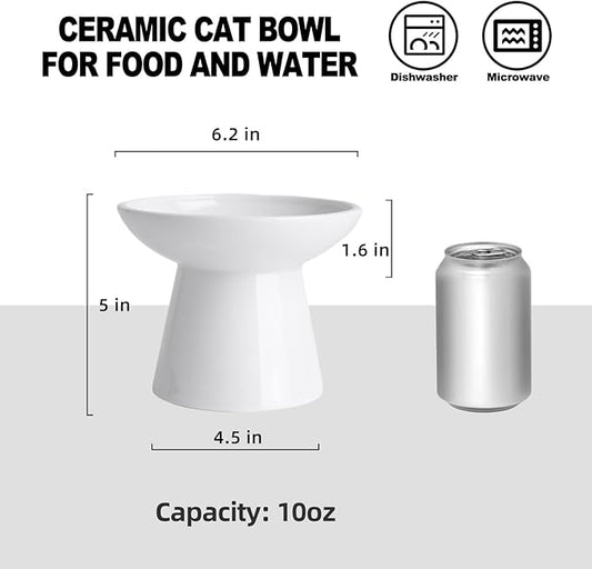 Extra Wide Elevated Cat Feeder Set, Ceramic Cat Bowl with Food & Water, Shallow Dish to Prevent Whisker Fatigue, Lead & Cadmium Free - Great Height for Adult Cats (White, 1 pc)