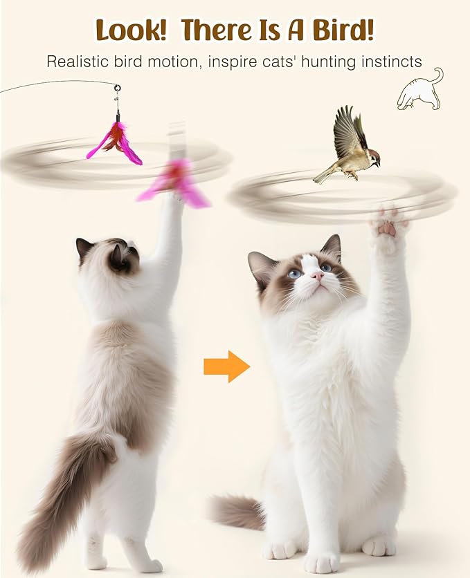 Pawaboo Feather Teaser Cat Toy, Interactive Feather Wand Cats Toy Flying Feathers Cat Catcher with Extra Long 34.5" Wand and Small Bell, Exerciser Playing Toys for Kitten or Cats, Rose + Red Brown