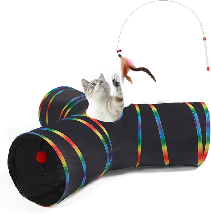 LUCKITTY Cat Tunnels Tube Toy with Plush Ball & Cat Wand Feather Toys-Portable Tattaff Waterproof Washable-Interesting Geometric Pattern Collapsible-3 Way Black Rainbow