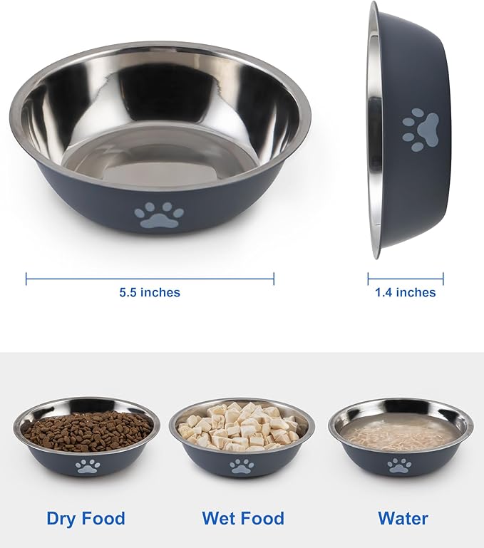 6 PCS Stainless Steel Cat Bowls, Non-Slip Stainless Cat Food Bowl Metal Cats Dishes Whisker Fatigue Kitten Plates Shallow Wide Kitten Bowls, 5.5” Whisker Friendly Food Dish (Grey 6 PCS)
