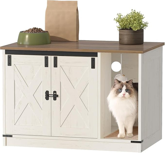 Cat Litter Box Enclosure, Hidden Litter Box Cabinet Furniture with Bell, Indoor Cat House, Farmhouse Style, 31.5 x 19.7 x 20.9Inches, for Hallway, Bedroom, Rustic Brown and White CB82414X
