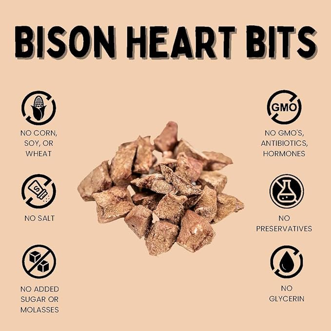 Grass-Fed Bison Heart Bits Cat Treats (Pack of 3) - Single Ingredient, High Protein Cat Food Snacks, Grain Free & Made in USA, with Taurine, Iron & Zinc for Healthy Cats