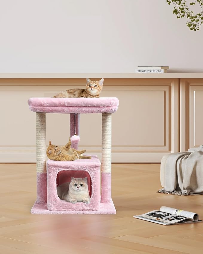 SYANDLVY Small Cat Tree for Indoor Cats Large Adult, 27" Activity Tower with Scratching Posts, Modern House with Padded Perch, Kittens Condo, Cat Cave, Pink