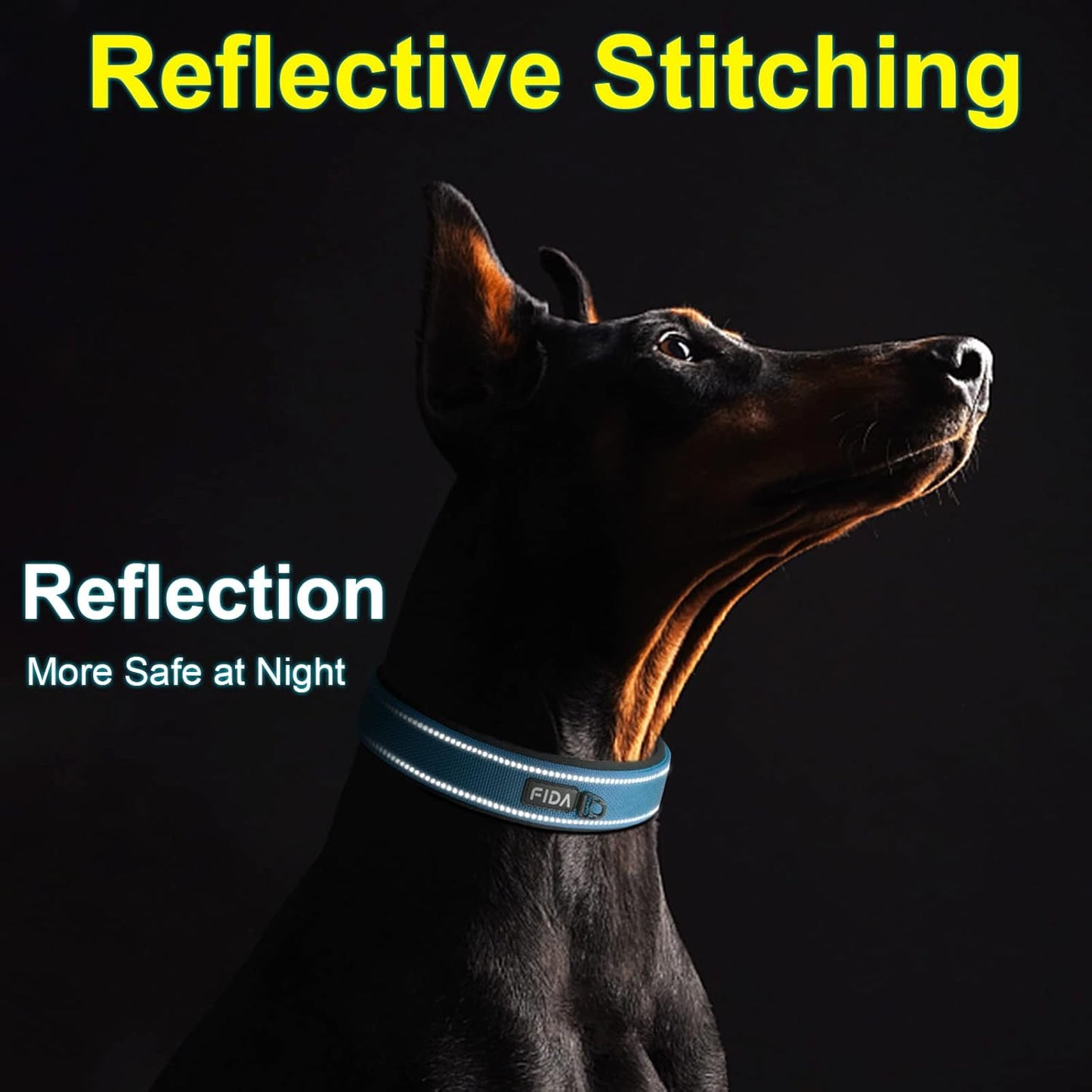 Fida Heavy Duty Dog Collar, Ultra Comfortable Soft Neoprene Padded, Adjustable Reflective Nylon Pet Collar with Durable Metal Belt Buckle for Medium Breeds (M, Blue)