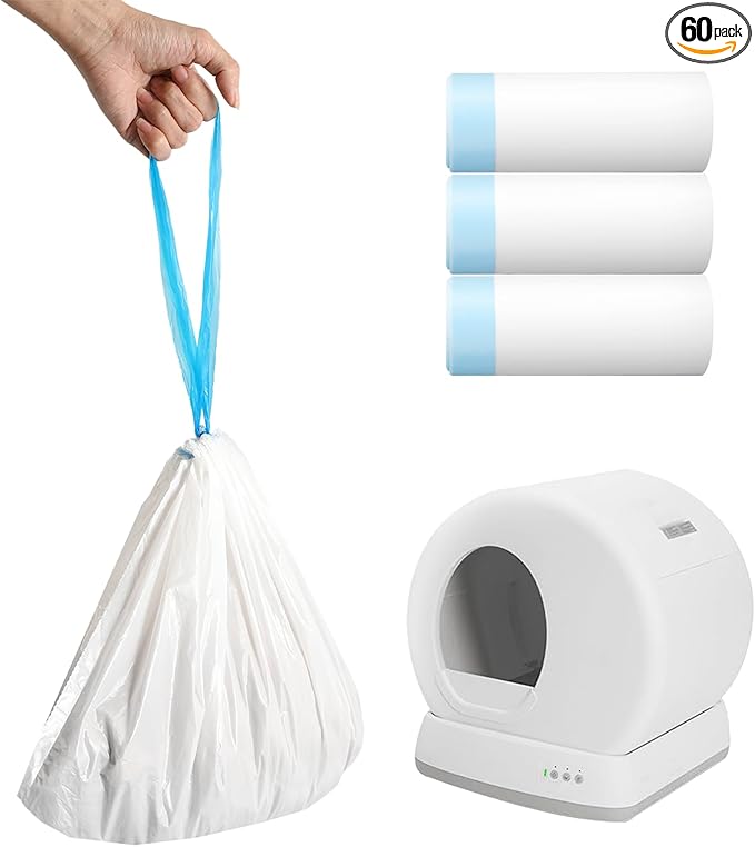 60pcs Cat Litter Bags for MeoWant MW-SC01/MW-SC02/MW-LR01 Self-Cleaning Cat Litter Box Liner, Automatic Self Cleaning Cats Waste Bags for Self-Cleaning Cats Liners with Drawstring Pet Waste Boxes Bag