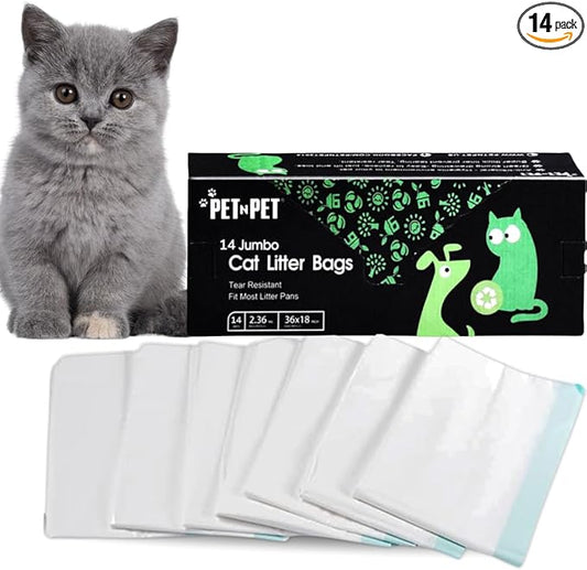PET N PET Cat Litter Box Liners Bags Jumbo, Heavy Duty Tear Resistant & Drawstring Closure Cat Litter Bags, Waterproof Kitty Box Liners Fits Litterbox Pan Sizes, 36" x 18", 14 Count