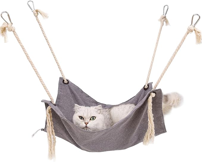 Breathable Linen Cat Hammock with Cotton Ropes in Clean Solid Colors, Minimalist Design for Cages Machine Washable (Gray)