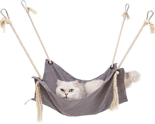 Breathable Linen Cat Hammock with Cotton Ropes in Clean Solid Colors, Minimalist Design for Cages Machine Washable (Gray)