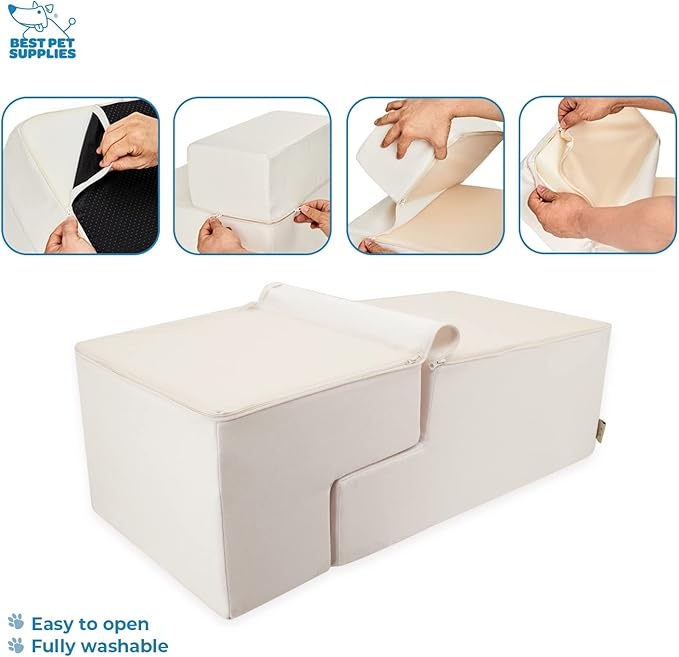 Best Pet Supplies Dog Stairs & Steps - Foam Steps for Small Dogs & Cats, Non-Slip Indoor Balanced Pet Step Support, Dog Ramp, No Assembly, Ivory, Foldable 4-Step (22-inch Height)